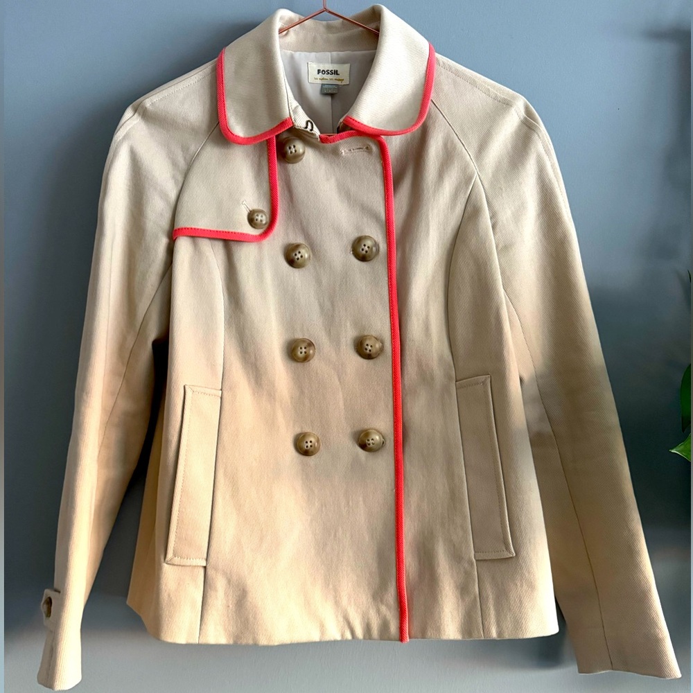 Women’s Fossil Double Breasted Tan Pea Coat with Coral Piping, Size XS